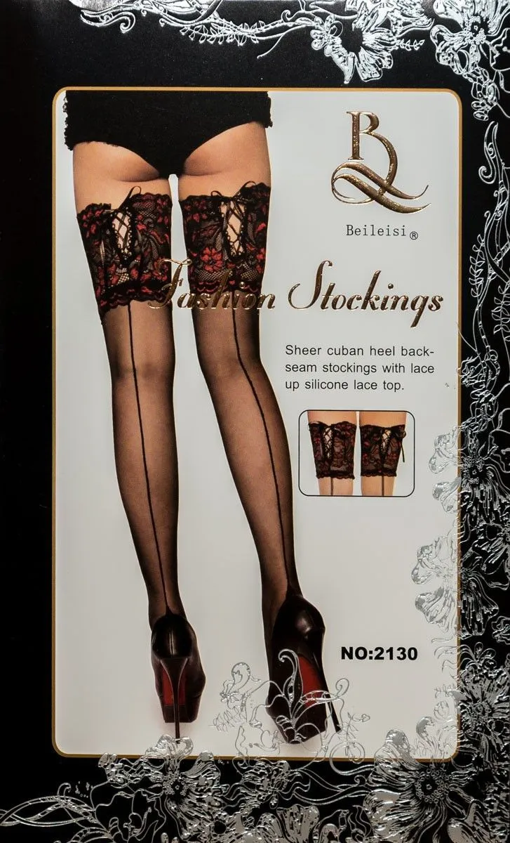 Чулки с широкой ажурной резинкой на силиконе и шнуровкой сзади