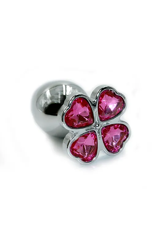 серебряная анальная пробка с ярко-розовыми кристаллами в форме цветка (small) в Сочи