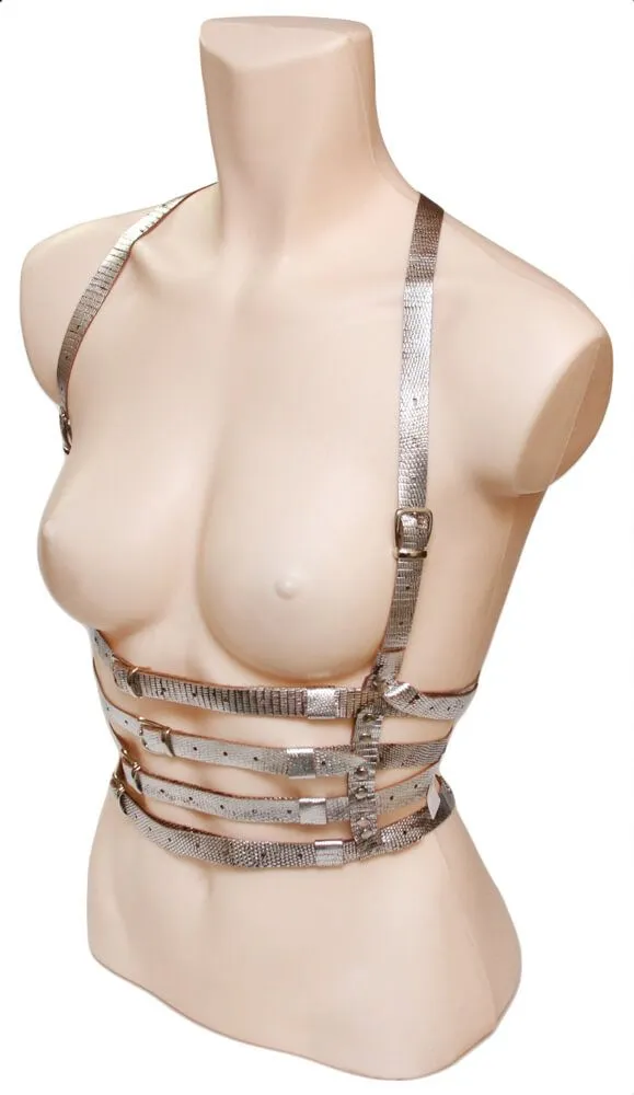 Эротическое бондажный комплект с 4 ремнями и кольцами, серебристый в Сочи