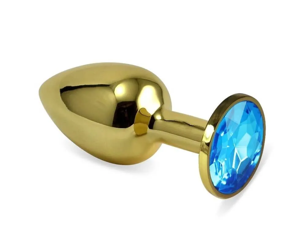 Анальная пробка Lovetoy золотистая, с голубым камнем