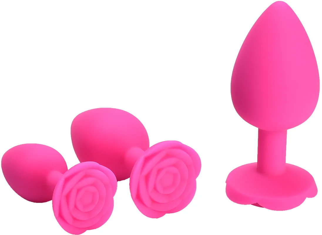 розовая силиконовая анальная пробка с ограничителем в форме розочки (размер l) в Сочи