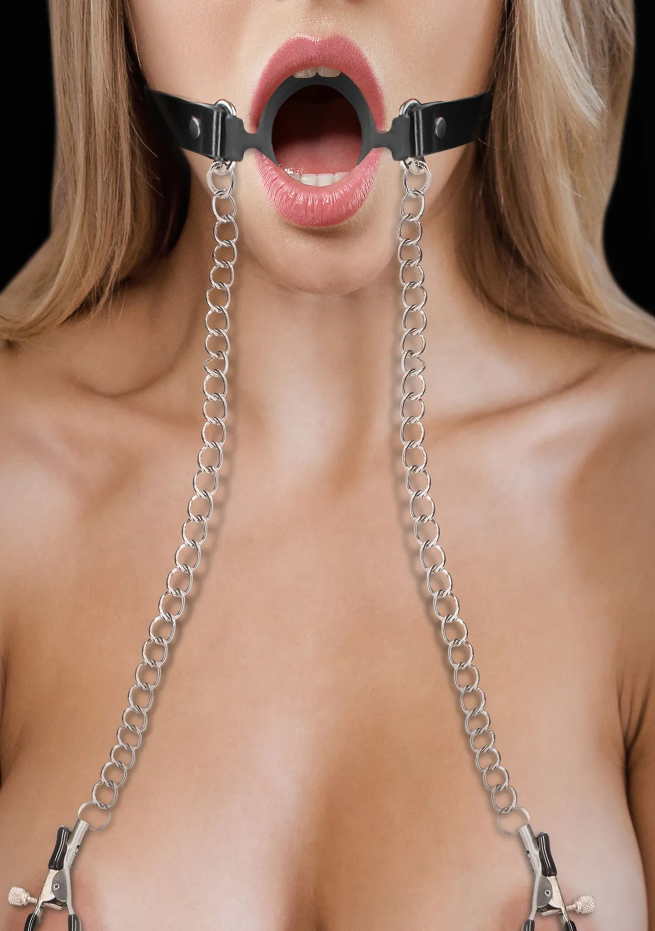 кляп-кольцо на металлической цепочке с зажимами для сосков o-ring gag with nipple clamps в Сочи