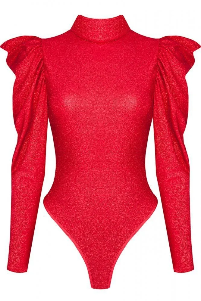 Эротическое боди с рюшами на плечах и вырезом на спине demoniq, красное в Сочи