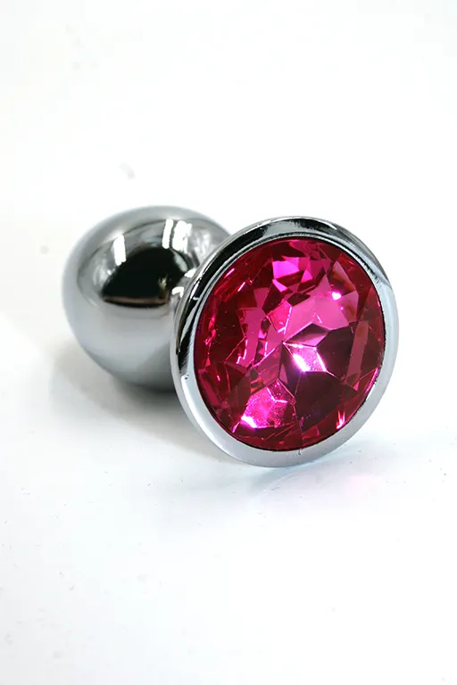 серебристая анальная пробка с ярко-розовым кристаллом (small) в Сочи