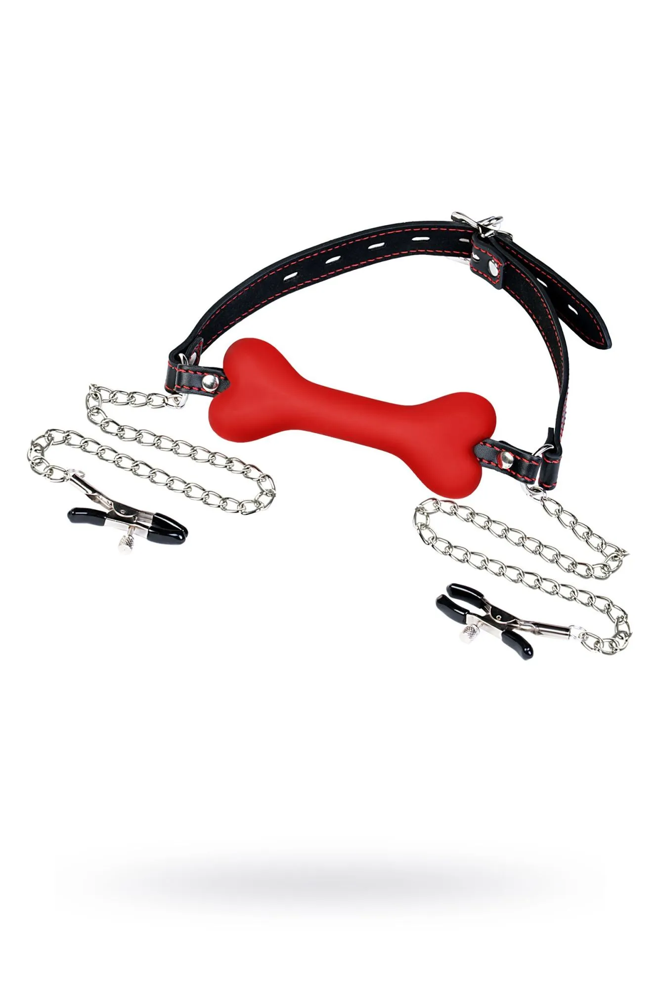 кляп-трензель toyfa theatre, в виде косточки с зажимами для сосков, красный в Сочи