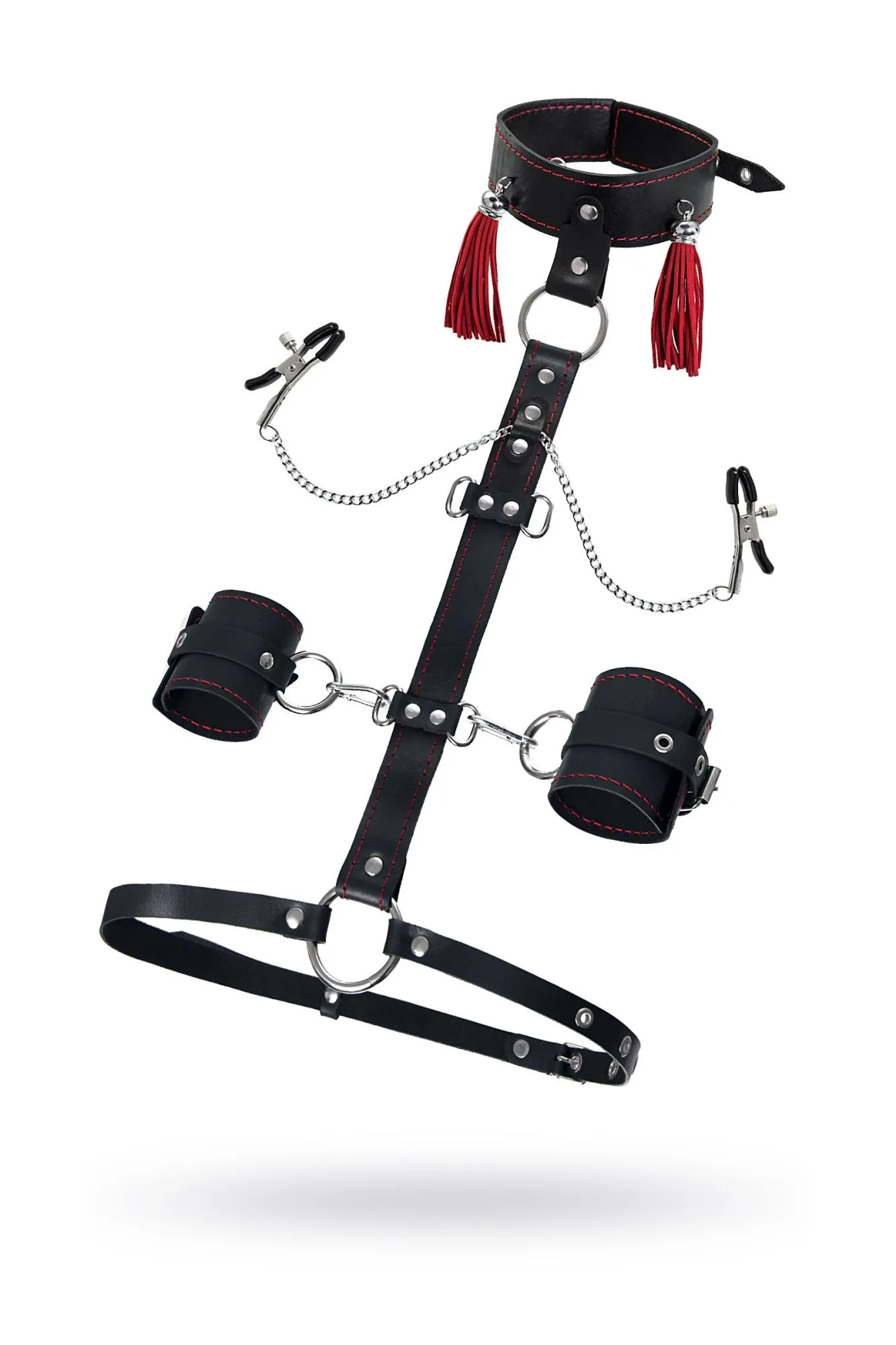 сбруя для фиксации шеи и рук pecado bdsm, с зажимами для сосков, натуральная кожа, черная в Сочи