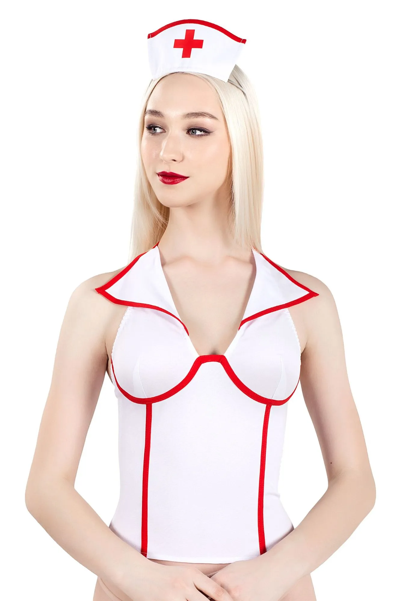Эротическое верхняя часть костюма «медсестра», pecado bdsm, корсет, головной убор, бело-красный, 44 в Сочи