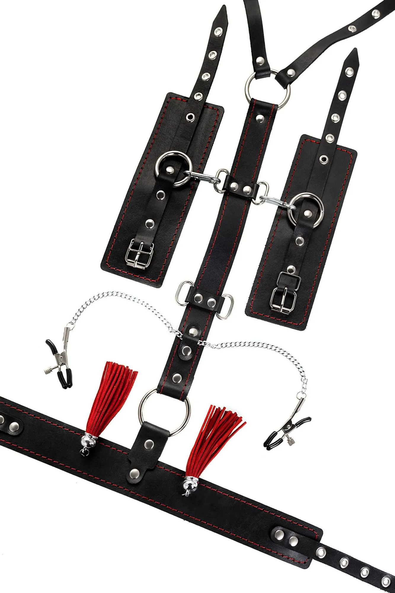 сбруя для фиксации шеи и рук pecado bdsm, с зажимами для сосков, натуральная кожа, черная в Сочи