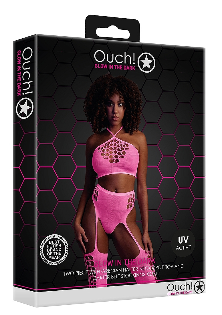 Топ в комплекте с чулками и трусиками Two Piece with Crop Top and Stockings - Neon Pink