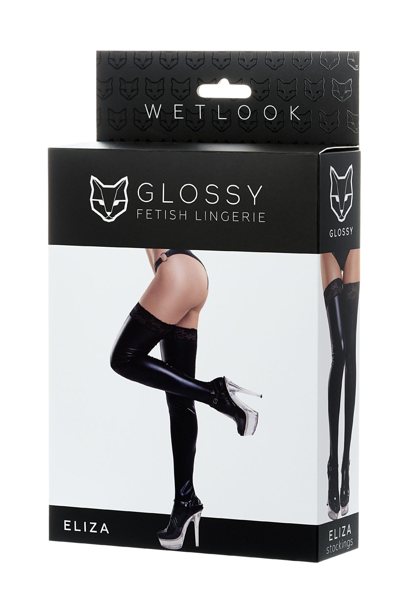 Эротическое чулки glossy eliza из материала wetlook со вставкой из кружева, черный, xl в Сочи